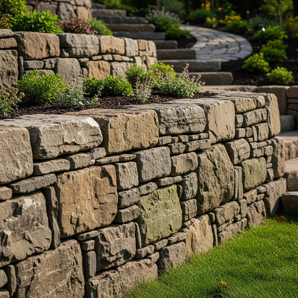 natural stone retaining wall with steps in landscaped residential yard