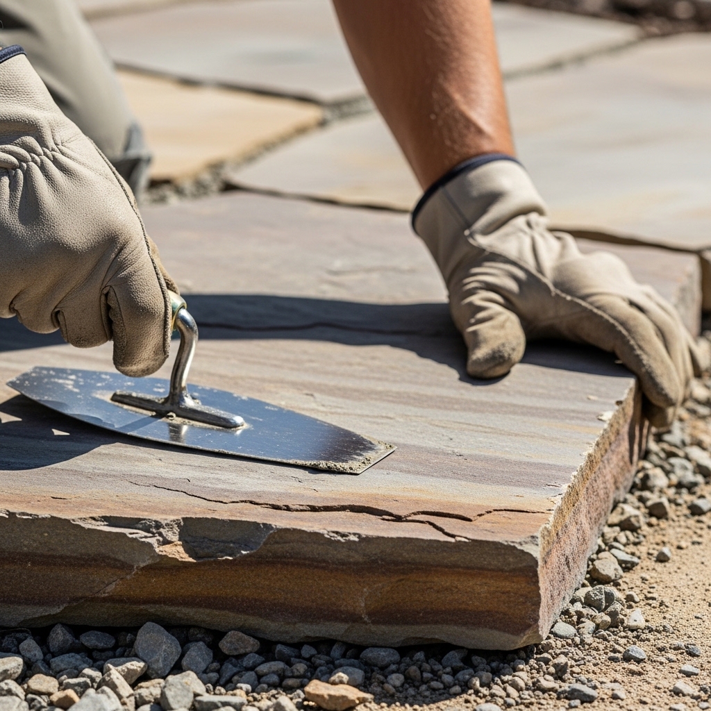 natural stone flatwork installation for patio and walkway in residential backyard