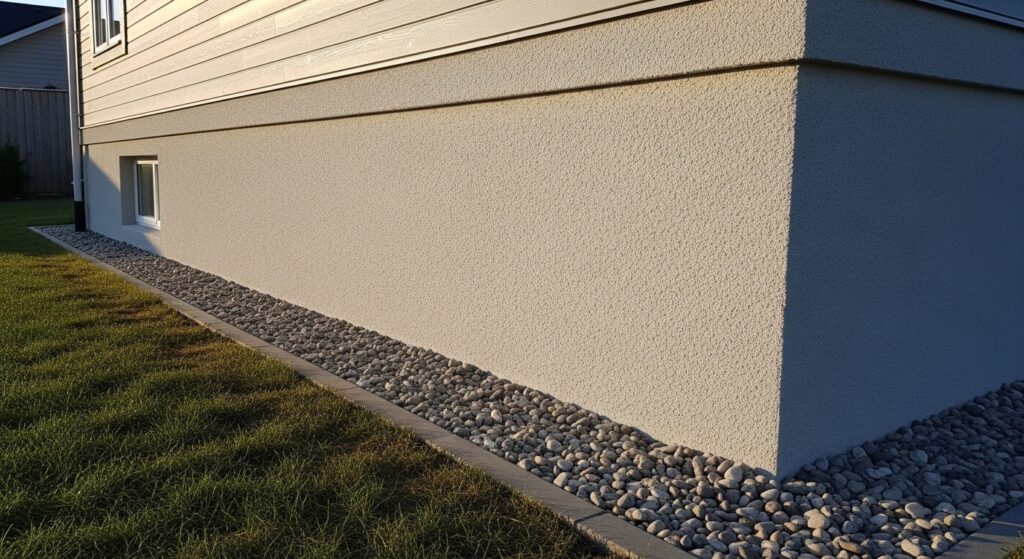 foundation wall with parging and gravel base for moisture protection