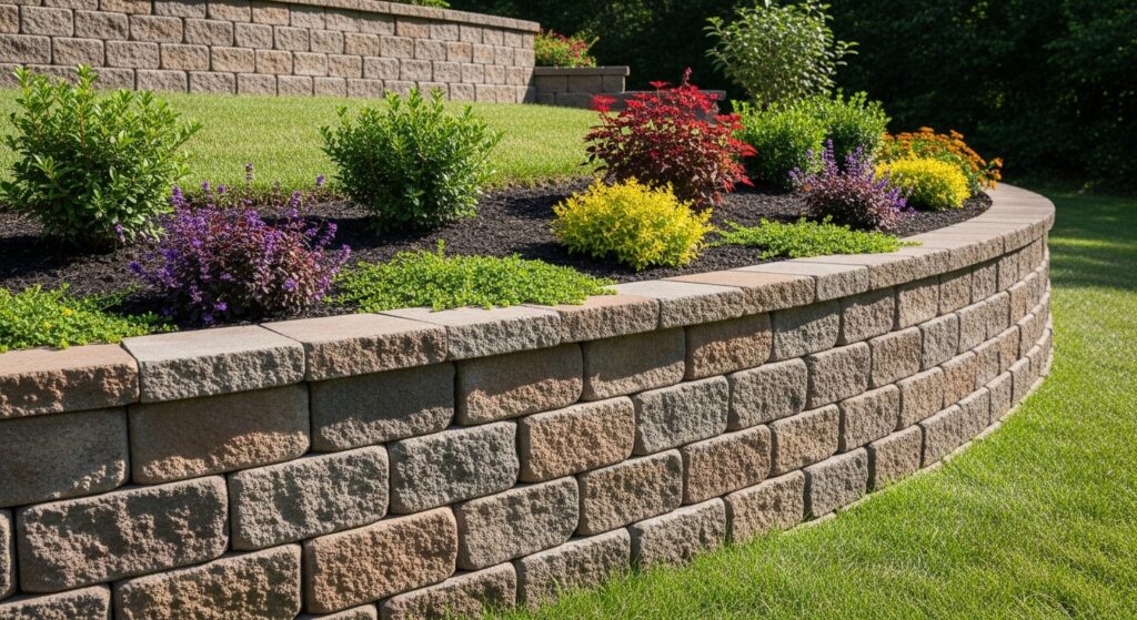 block retaining wall construction on sloped residential yard with landscaping