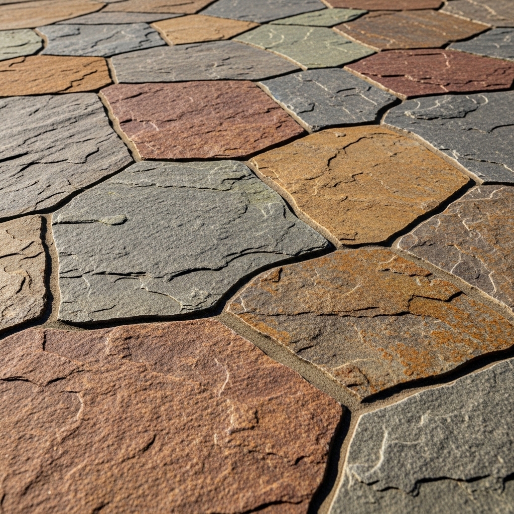 close-up of natural stone and paver flatwork surface with mixed colors