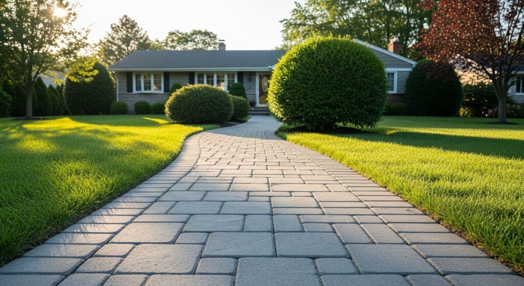 concrete walkway installation with clean edges in residential yard
