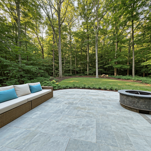 natural stone patio installation with masonry flatwork in residential backyard