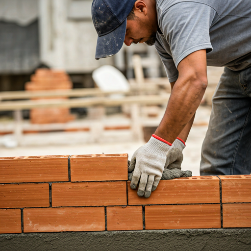 Brick masonry work with a contractor laying bricks and applying mortar