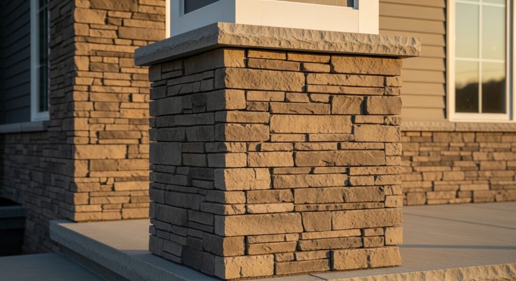 Stone veneer column on a house exterior with detailed masonry work