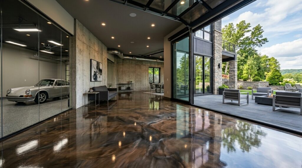 modern epoxy floor coating in residential garage and living space with polished finish
