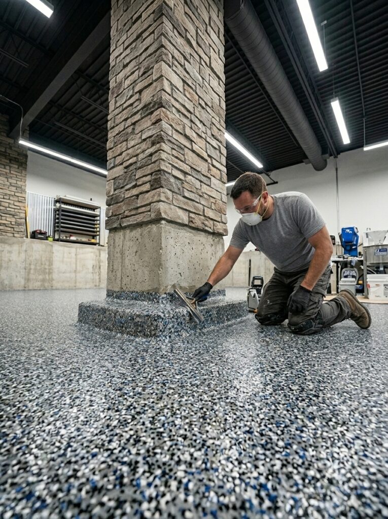 contractor applying epoxy floor coating with decorative flakes around concrete column