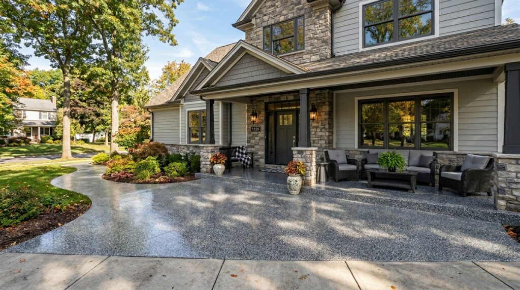 residential driveway and front walkway with decorative epoxy concrete coating